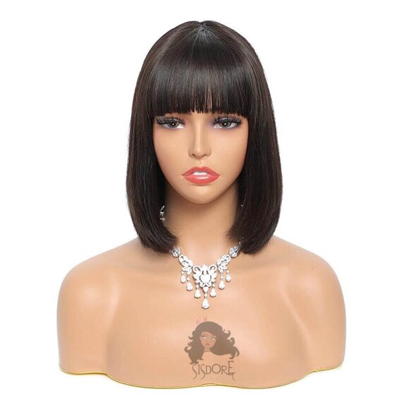 Glueless Bob with Bangs, Short Straight Human Hair Wig 3x1 Lace - Picture 2 of 15